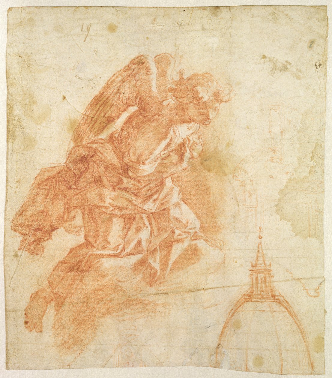 निलंबित परी और वास्तुशिल्प रेखाचित्र, c.1600 (कागज पर लाल चाक) द्वारा बर्नार्डिनो बारबाटेली पॉकेट्टी