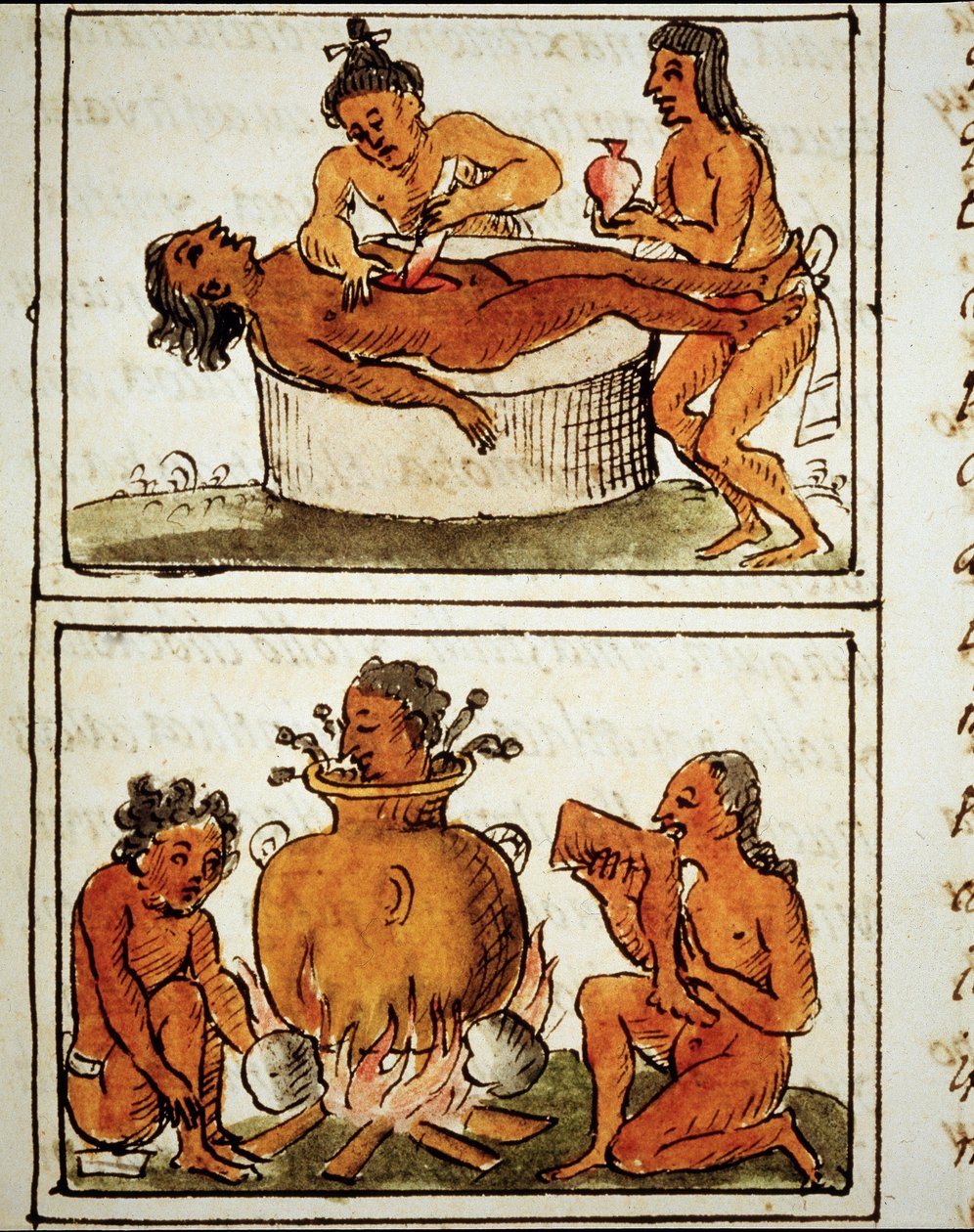 मानव बलिदान और एज़्टेक का नरभक्षण। बर्नार्डिनो सहगुन द्वारा पांडुलिपि द्वारा बर्नार्डिनो डी सहगुन