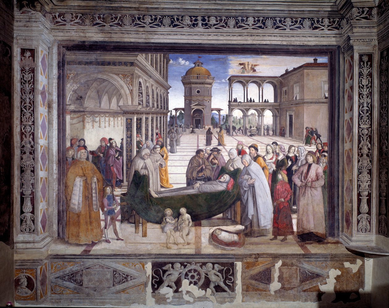 सेंट बर्नार्डिन की कहानी, संत की मृत्यु (फ्रेस्को, c.1486) द्वारा बर्नार्डिनो डि बेटो पिंटुरिचियो