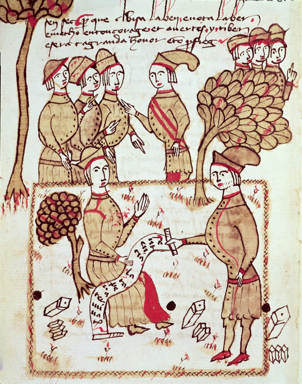 सुश्री 327 fol.201v अरनौद डी विलीन्यूवे (1240-1315) द्वारा &39;लैंड सर्वे&39; से अपने कार्यकर्ताओं के साथ एक सर्वेक्षण द्वारा बर्ट्रेंड बॉयसेट