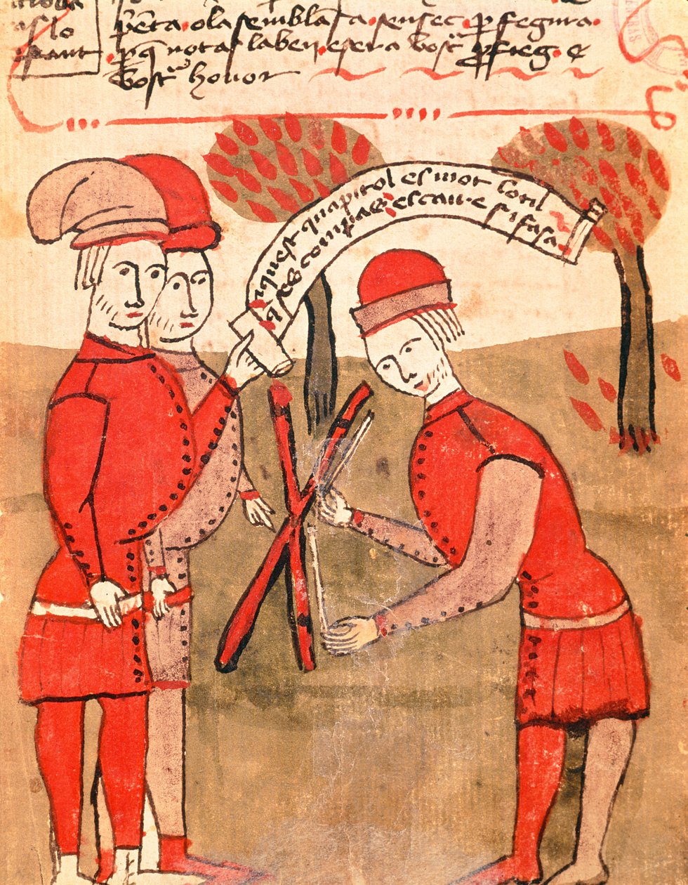 सुश्री 327 fol.218r अरनॉड डी विलीनुवे (1240-1312) द्वारा &39;सर्वे सर्वे&39; से एक क्षेत्र को मापना द्वारा 