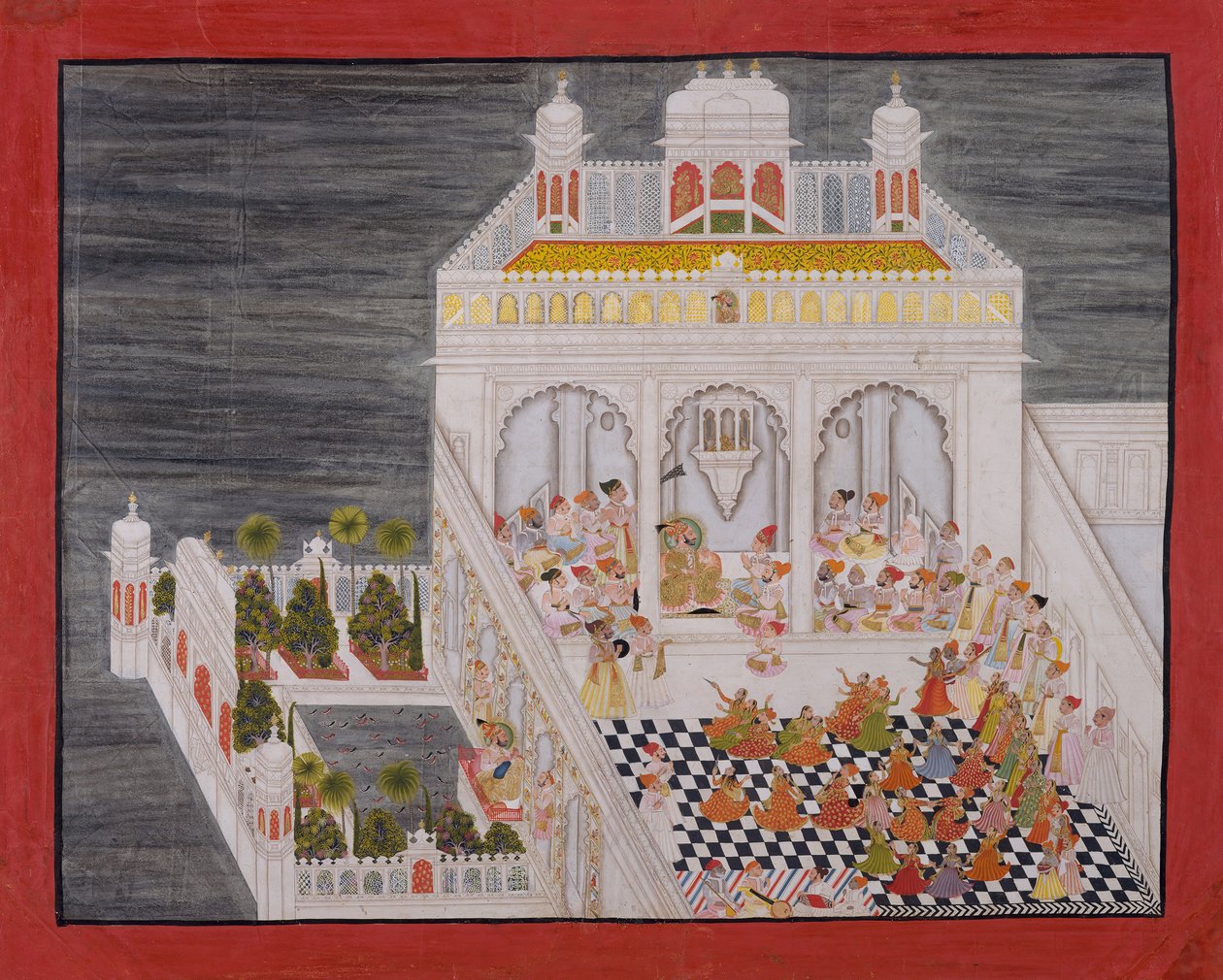 महाराणा अरी सिंह अपने दरबारियों के साथ जगनिवास वाटर पैलेस में मनोरंजन करते हुए, दिनांक 1767। द्वारा भीम