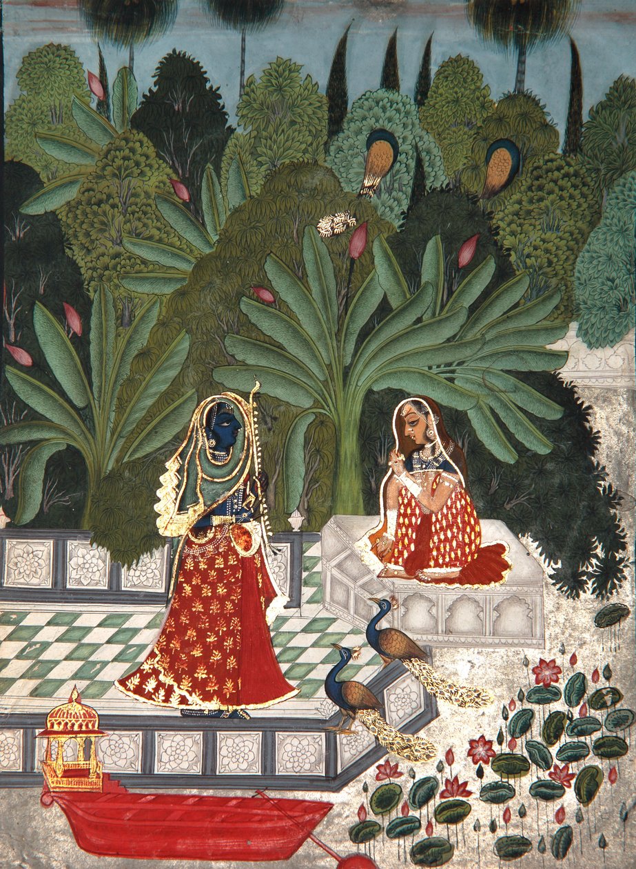 कृष्ण अपनी प्रेमिका से मिलने के लिए एक रस्सियों का उपयोग करते हैं, 1781 (कागज पर अपारदर्शी wc) द्वारा Bhoya