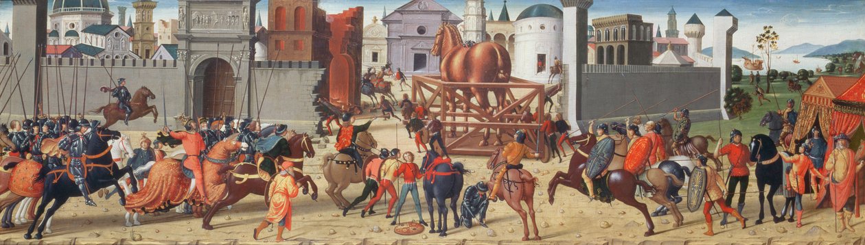 ट्रॉय II की घेराबंदी: लकड़ी का घोड़ा, c.1490-95 (69652 भी देखें) द्वारा बायाजियो डी एंटोनियो