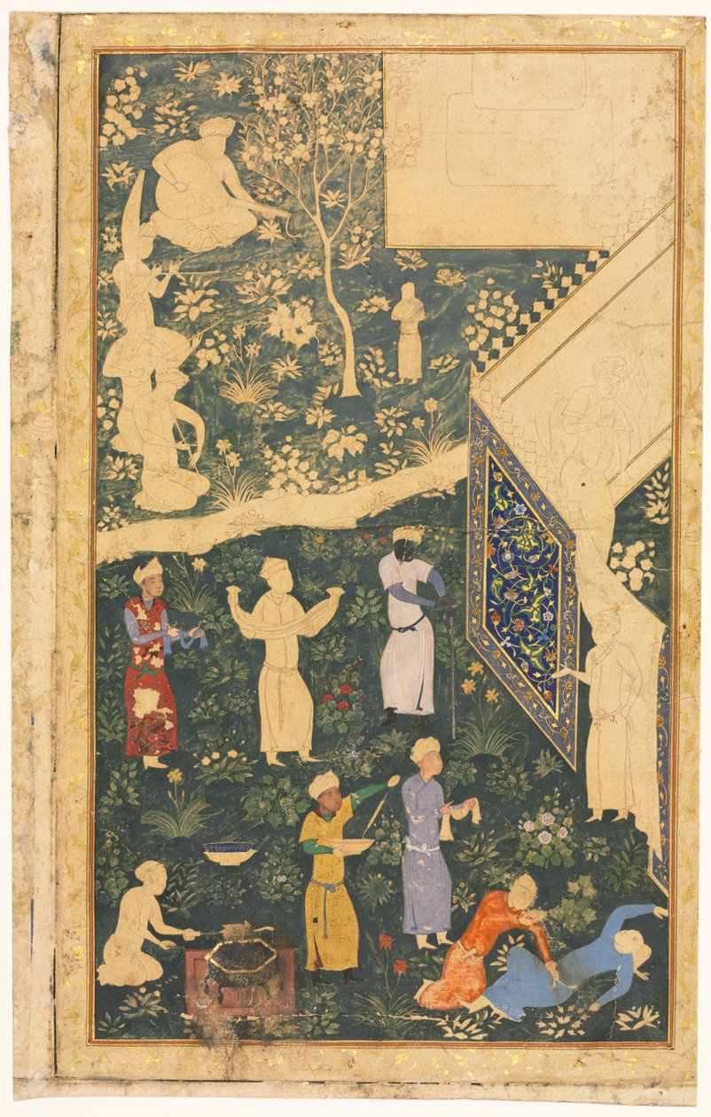संगीतकारों और नौकरों ने एक रॉयल एग्जीबिशन रेक्टो के बाहर, सी। 1485। द्वारा Bihzad
