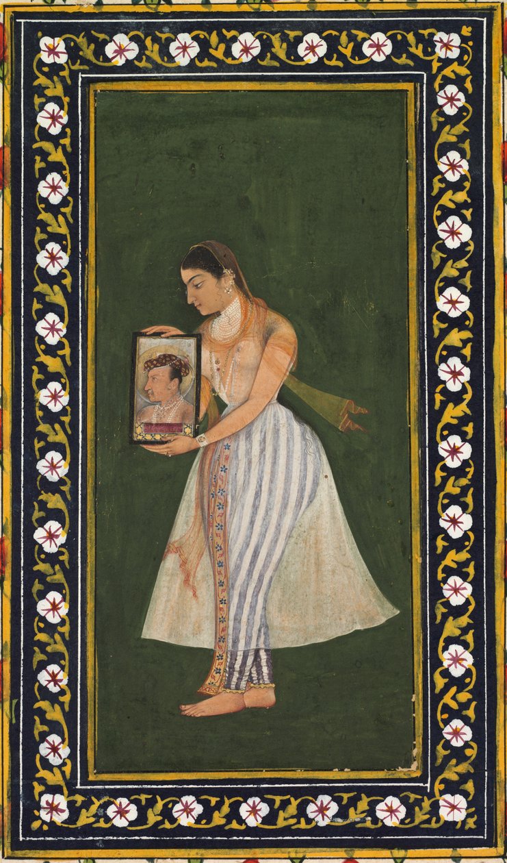 नूरजहाँ, सम्राट जहाँगीर का चित्र पकड़े हुए, सी। 1627। द्वारा बिशांडस