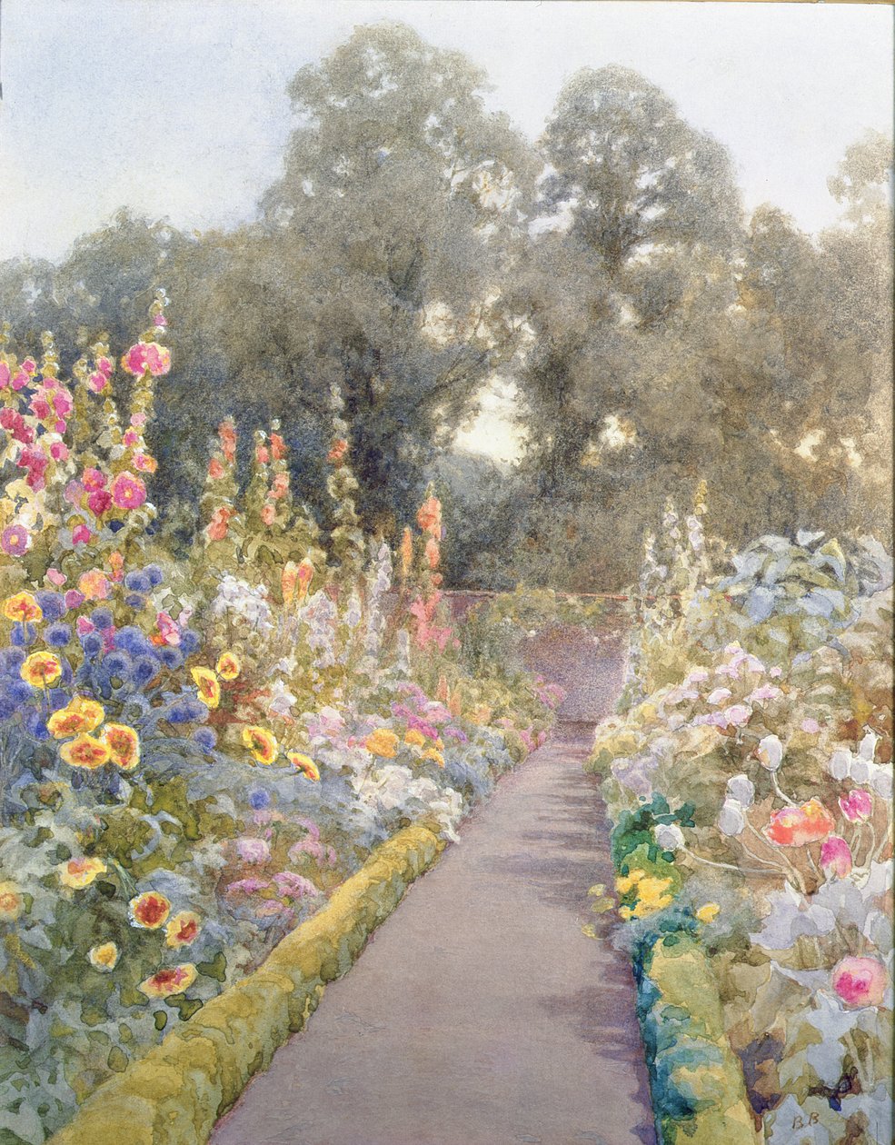 Hollyhocks और Poppies के साथ गार्डन पथ द्वारा ब्लैंच बेकर
