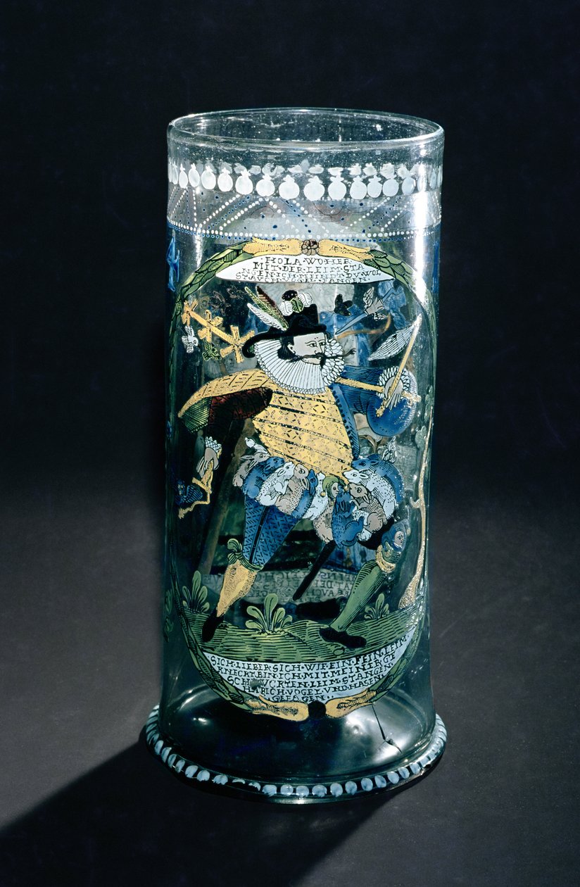 एक हंटर और एक महिला की सीमांकित सजावट के साथ हंपेन (लंबा बीकर), c.1594 (ग्लास) द्वारा बोहेमियन स्कूल