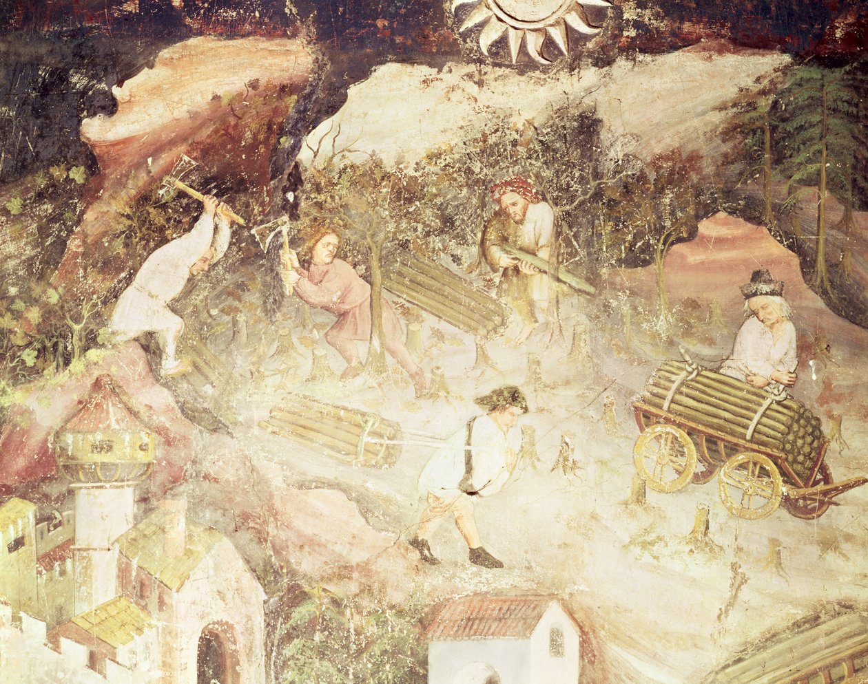 दिसंबर का महीना, पेड़ों को काटने वाले पुरुषों का विवरण, c.1400 (फ्रेस्को) द्वारा बोहेमियन स्कूल