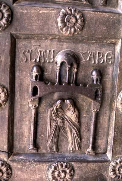 Porta di S. Ranieri . पर मुलाक़ात को दर्शाने वाला पैनल द्वारा बोनास ऑफ पीसा