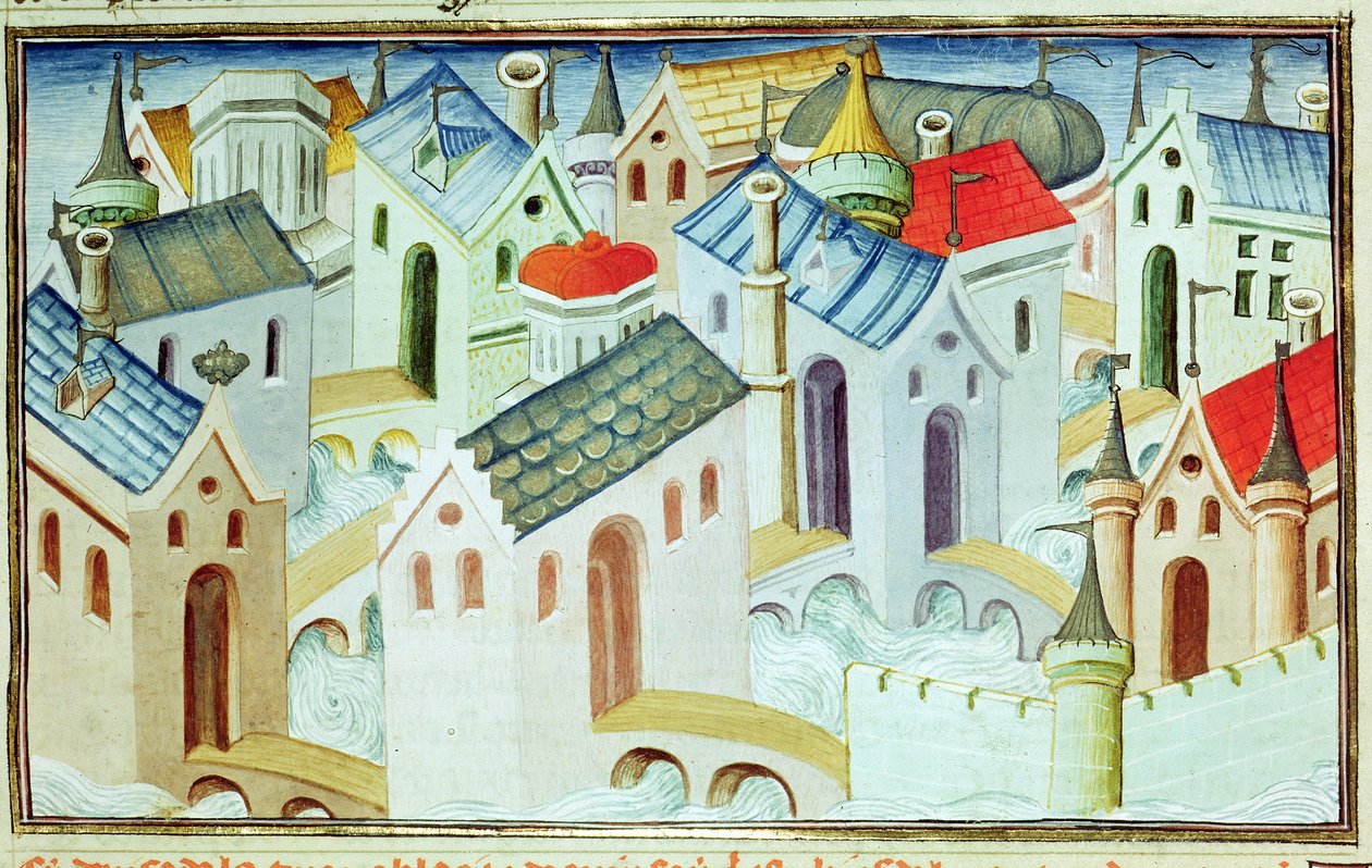 सुश्री 2810 f.67, &39;बुक ऑफ वंडर्स ऑफ द वर्ल्ड&39; से, किन्साई शहर, c.1410-12 (वेल्लम पर तापमान) द्वारा बाउकाइक मास्टर