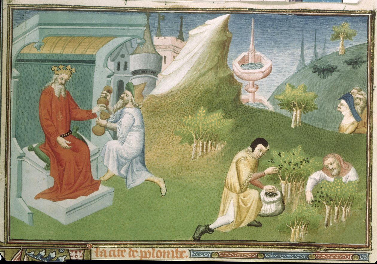 सुश्री एफआर 2810 f.186, &39;द वंडर्स ऑफ द वर्ल्ड&39; से एक राजा को मिर्ची की फसल और फल भेंट करते हुए, c.1410-12 (वेल्लम पर स्वभाव) द्वारा बाउकाइक मास्टर