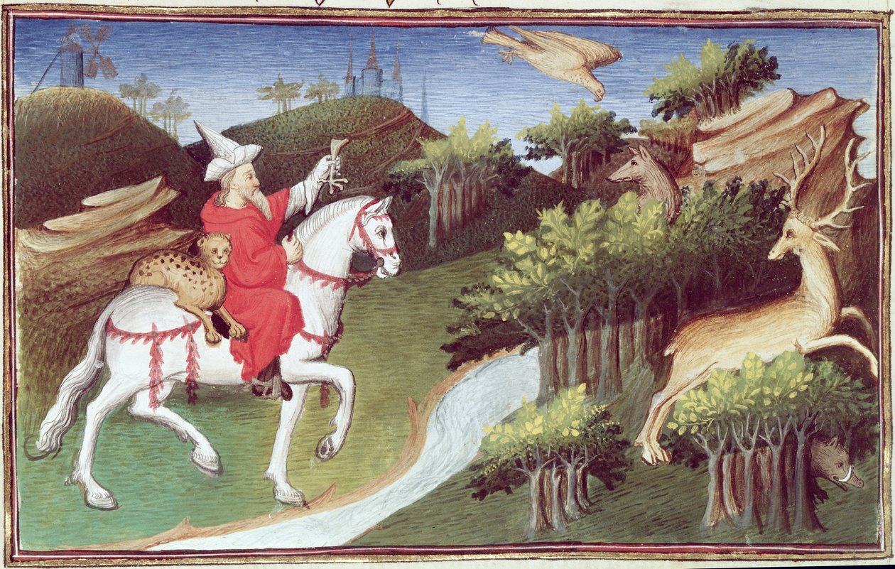 Ms Fr 2810 f.31v, द ग्रेट खान ने &39;ईग्रे डेस मर्विल्स डु मोंडे&39;, c.1410-12 (वेल्लम पर तड़का) से एक बाज के खिलाफ अपना ईगल जारी किया द्वारा बाउकाइक मास्टर