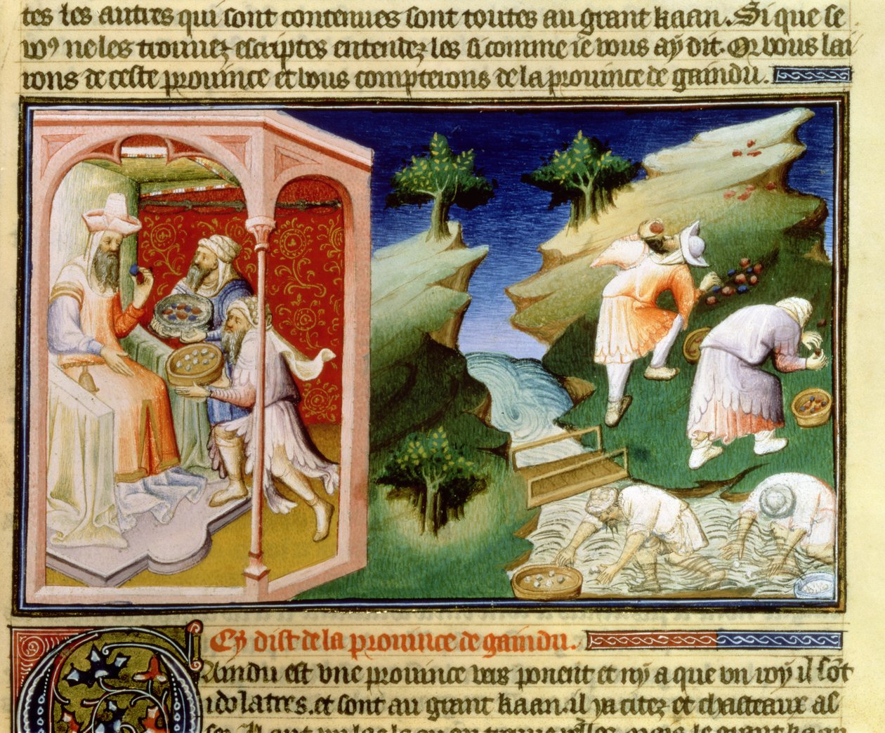 सुश्री फ्र 2810 f.54, &39;लिवर दे मर्सिलेस डु मोंडे&39;, सी .१४१०-१२ (वेल्लम पर तड़का) से गेनु प्रांत में मोतियों के लिए मछली पकड़ने और फ़िरोज़ा इकट्ठा करने के लिए द्वारा बाउकाइक मास्टर