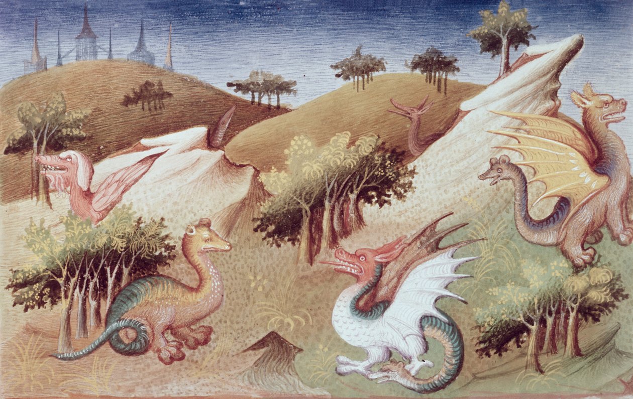 Ms Fr 2810 f.55v, ड्रेगन और अन्य जानवर, &39;द बुक ऑफ वंडर्स ऑफ द वर्ल्ड&39; से, c.1410-12 (वेल्लम पर तापमान) द्वारा बाउकाइक मास्टर