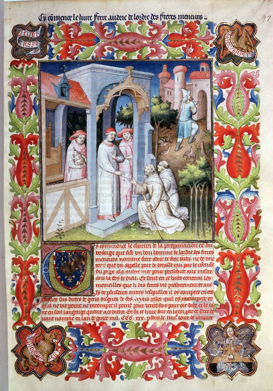 Ms Fr 2810 f.97, Odorico da Pordenone और आयरलैंड के जेम्स &39;Livre des Merveilles du Monde&39;, c.1410-12 (vellum पर तापमान) से पोप जॉन XXII की छुट्टी लेते हैं। द्वारा बाउकाइक मास्टर