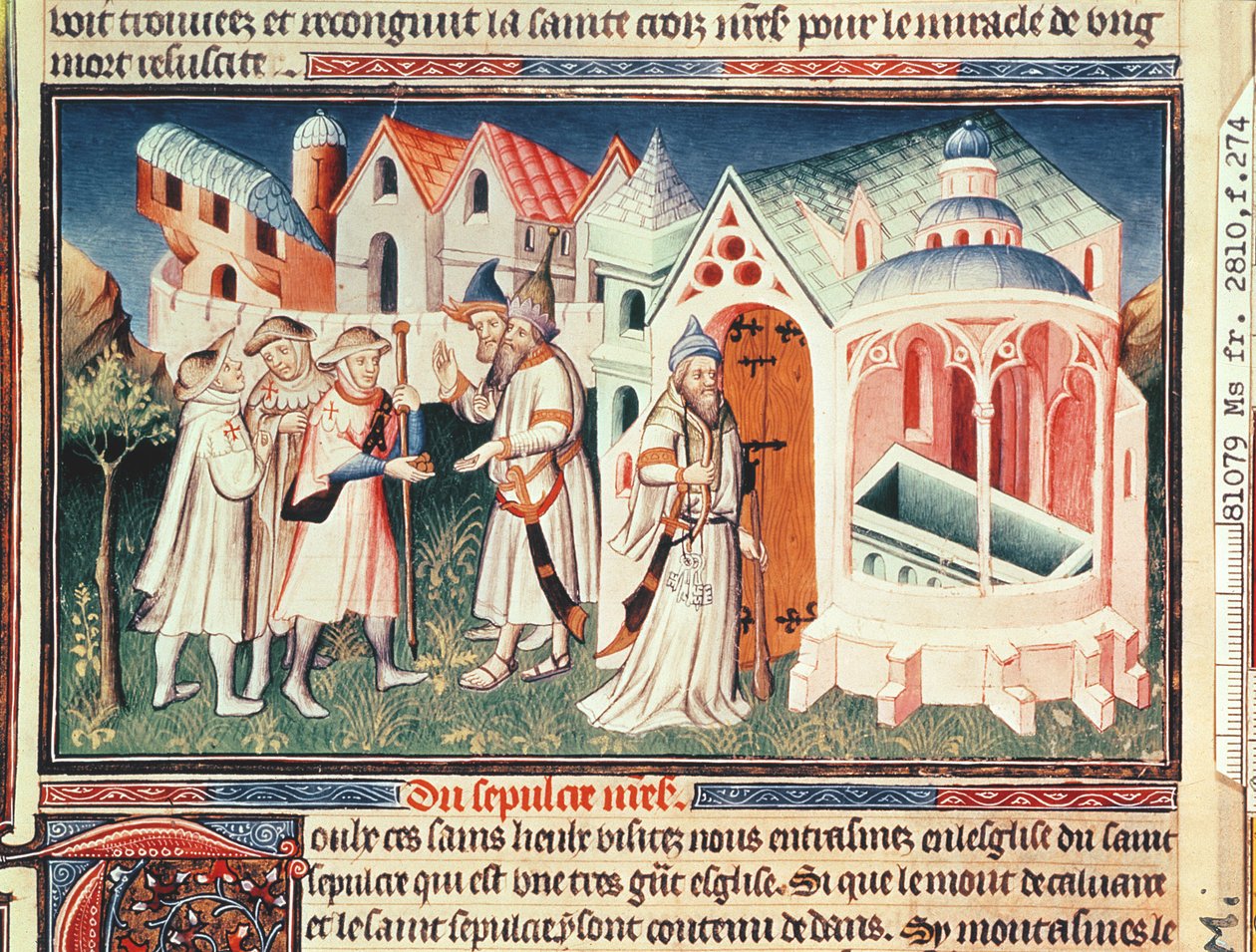 Ms Fr 2810 fol.274, &39;लिवर डे मर्सिल्स डे मोंडे&39;, c.1410-12 (वेल्लाम पर तपता) से यरूशलेम के पवित्र सिपाही के चर्च के सामने तीर्थयात्री द्वारा बाउकाइक मास्टर