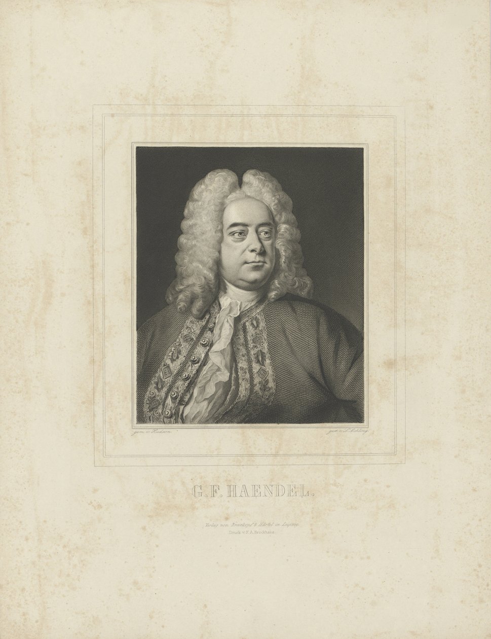संगीतकार जॉर्ज फ्रेडरिक हेंडेल 1685-1759 का चित्रांकन, सी। 1840। द्वारा ब्रेतकोफ़ और हर्टेल