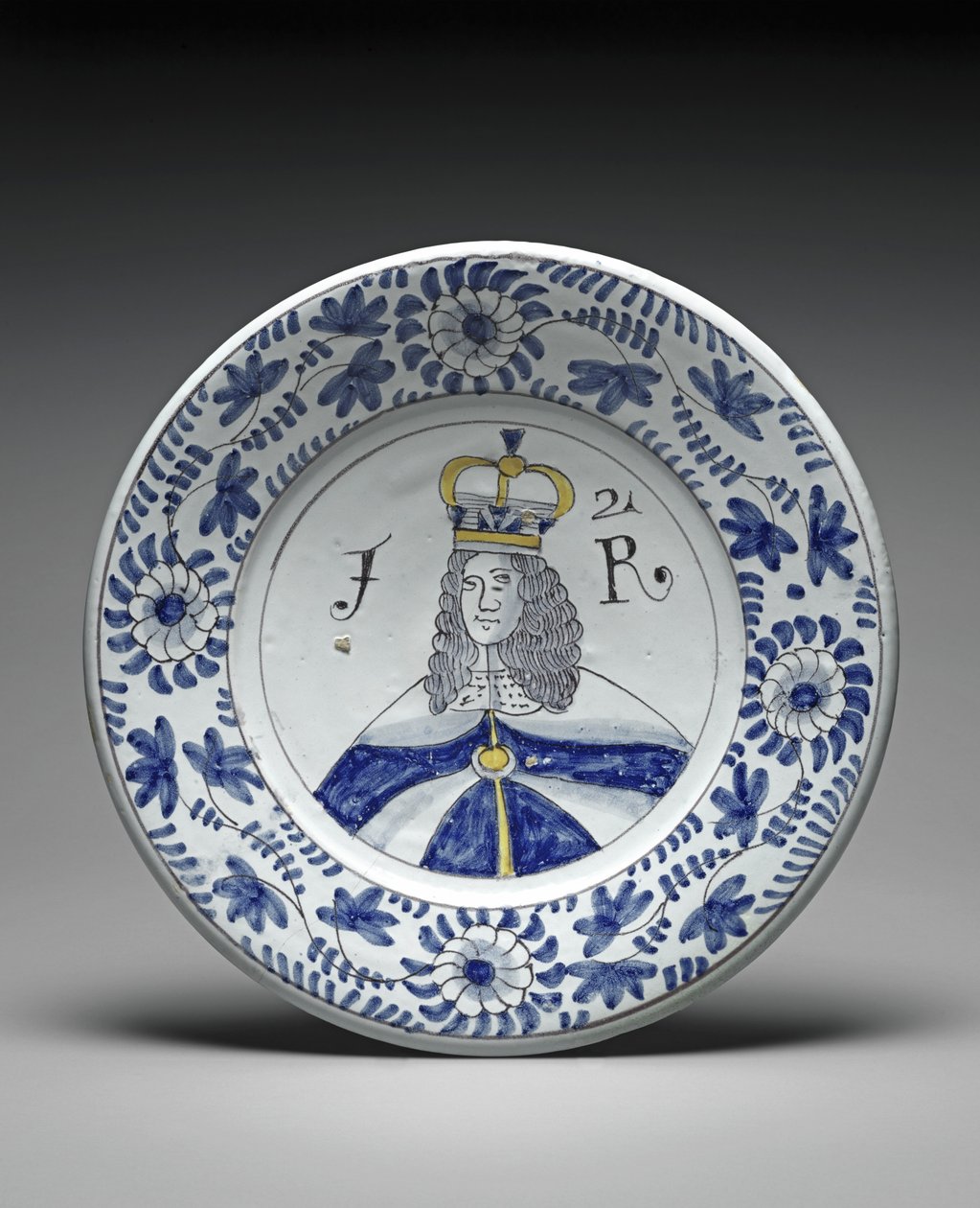 डिश, जेम्स II, c.1685-88 (टिन-चमकता हुआ मिट्टी के बरतन) द्वारा ब्रिसलिंगटन पॉटरी