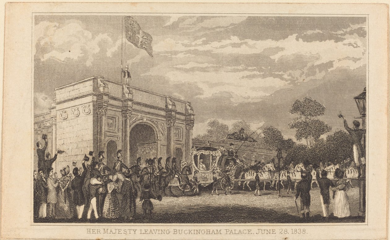 महामहिम बकिंघम पैलेस छोड़ रही हैं, 28 जून, 1838 [बायाँ आधा] द्वारा ब्रिटिश 19वीं सदी