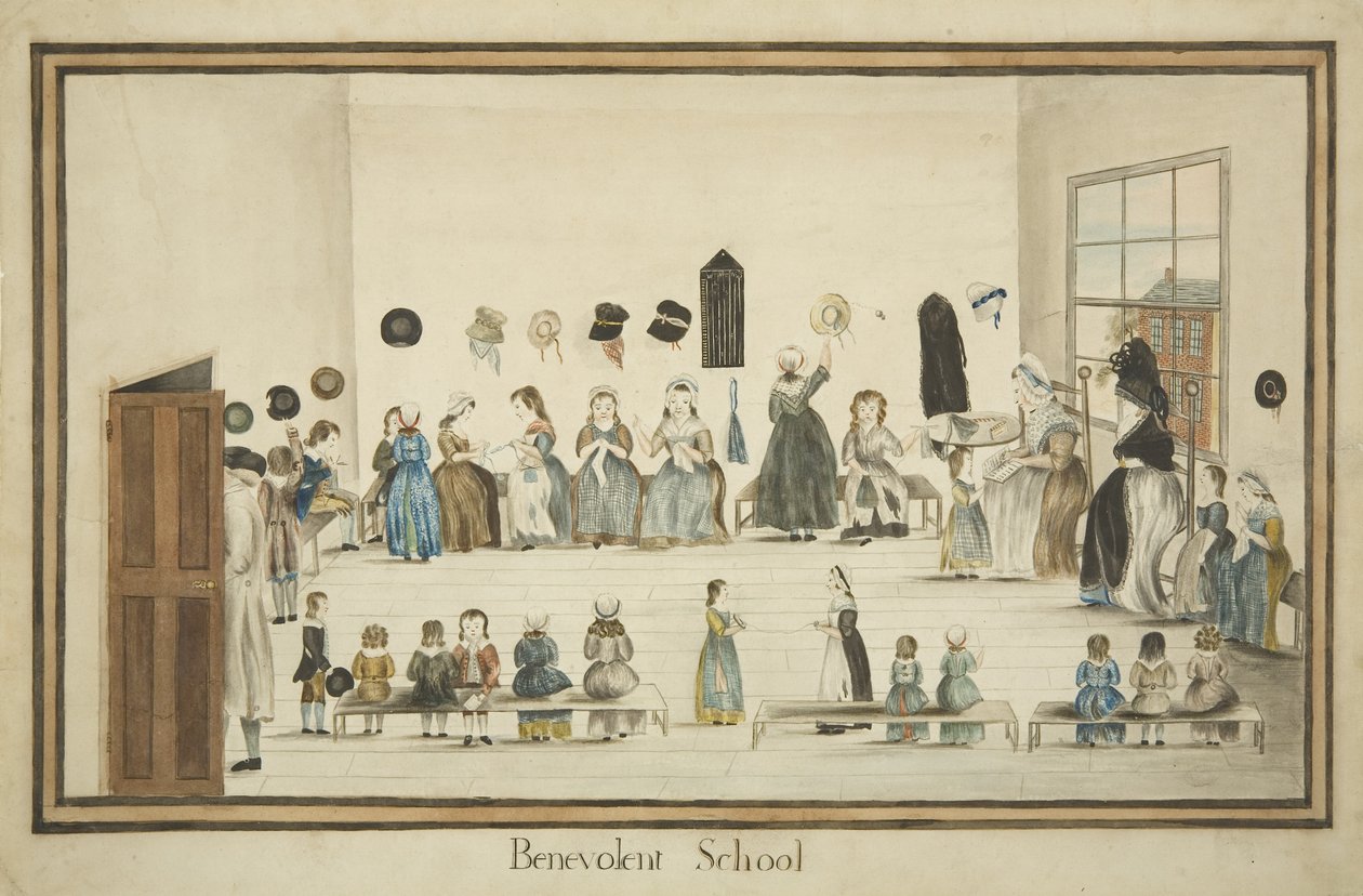 द बेनेवोलेंट स्कूल, c.1795 (कागज पर पानी के रंग और स्याही) द्वारा ब्रिटिश स्कूल
