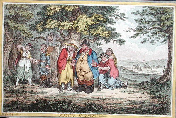 फॉर्च्यून हंटिंग, जेम्स गिल्रे (1757-1815) द्वारा नक़्क़ाशीदार, 1804 में हन्ना हम्फ्री द्वारा प्रकाशित (हाथ से रंगी हुई नक़्क़ाशी) द्वारा ब्राउनलो (बाद में) उत्तर