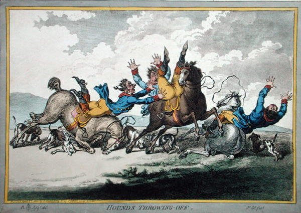 हाउंड्स थ्रोइंग ऑफ, जेम्स गिल्रे (1756-1815) द्वारा नक़्क़ाशीदार, हन्ना हम्फ्री द्वारा 1800 में प्रकाशित (हाथ से रंगी हुई नक़्क़ाशी) (191238 भी देखें) द्वारा ब्राउनलो (बाद में) उत्तर