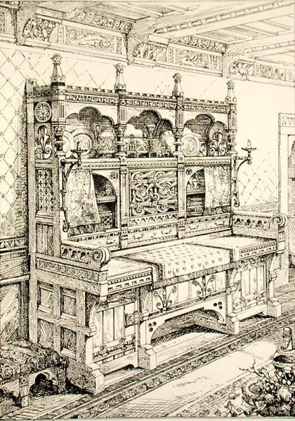 साइडबोर्ड, 'प्राचीन और आधुनिक फर्नीचर के उदाहरण' से, ब्रूस टैलबर्ट द्वारा, एस आयलिंग द्वारा लिथोग्राफ (लिथो) द्वारा ब्रूस जेम्स (बाद में) टैलबर्टो