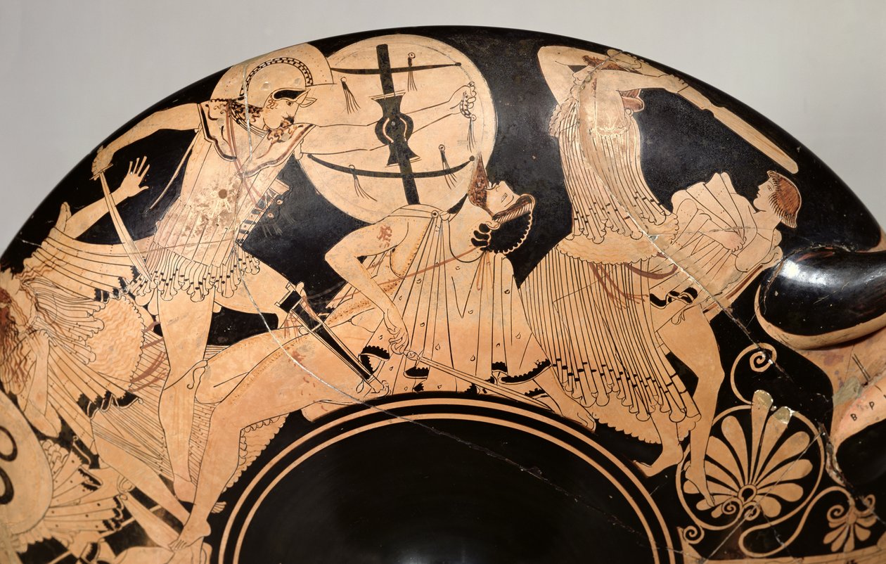ट्रोजन युद्ध, c.490 ईसा पूर्व (मिट्टी के बर्तनों) (विस्तार) से दृश्यों का चित्रण करने वाला अटारी लाल आंकड़ा कप द्वारा ब्रायोग्स पेंटर