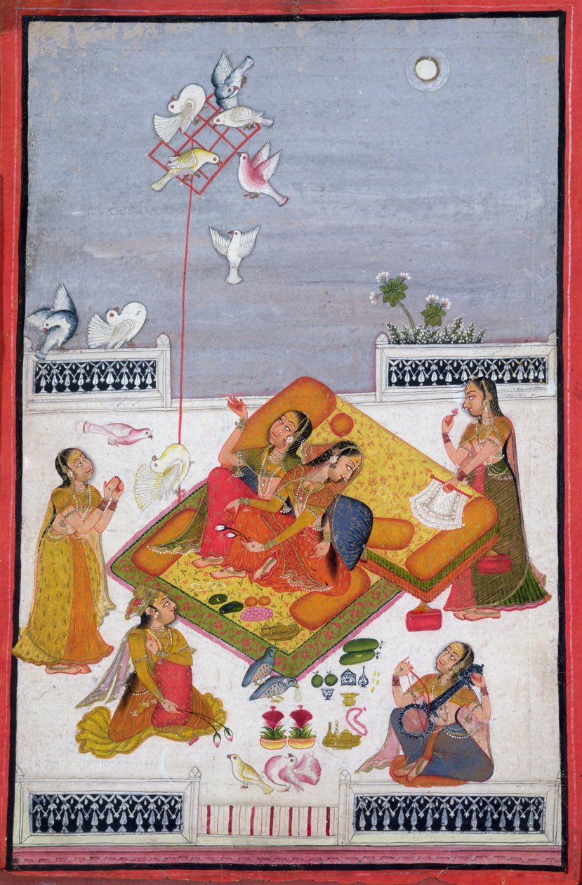 कबूतरों को देखती महिलाएं, 1770 द्वारा बूंदी स्कूल