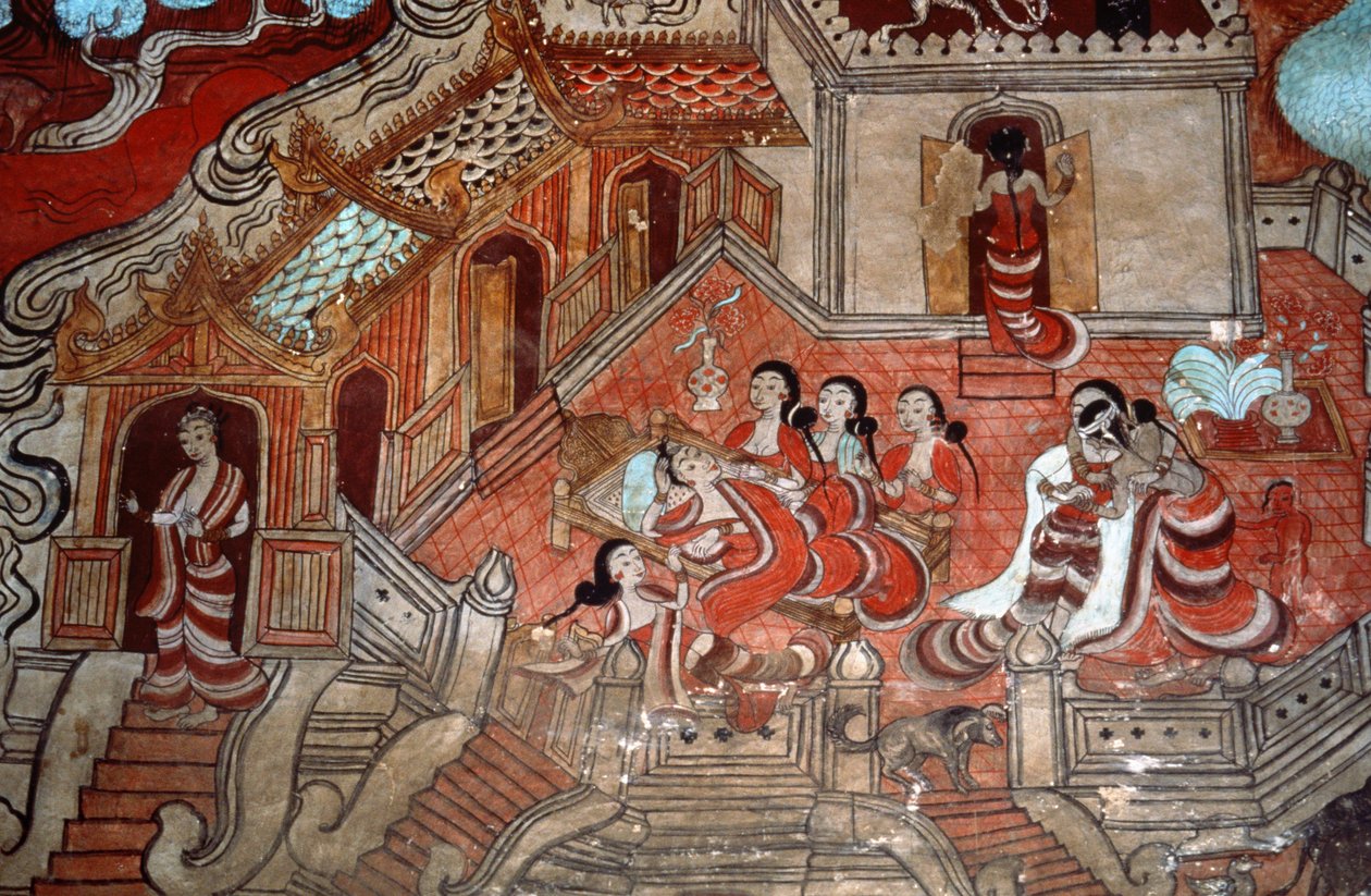 बोधिसत्व के जीवन के दृश्य, 1776 (भित्ति) द्वारा बर्मी स्कूल