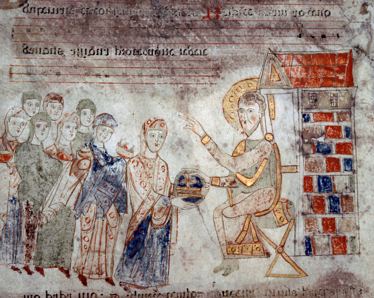 बीजान्टिन कला: "" विभिन्न साम्राज्यों के प्रतिनिधि प्रसाद के साथ मसीह को श्रद्धांजलि अर्पित करते हैं"" "एक्सल्टेट" से लघु "11 वीं शताब्दी की शुरुआत से म्यूजियो डायोसेसानो, गेटा द्वारा बीजान्टिन