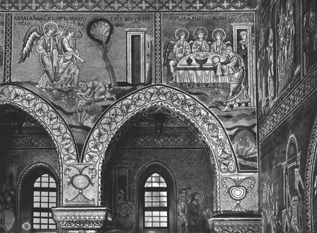 इब्राहीम और अब्राहम के आतिथ्य के लिए तीन एन्जिल्स की उपस्थिति, c.1182 (मोज़ेक) द्वारा बीजान्टिन स्कूल