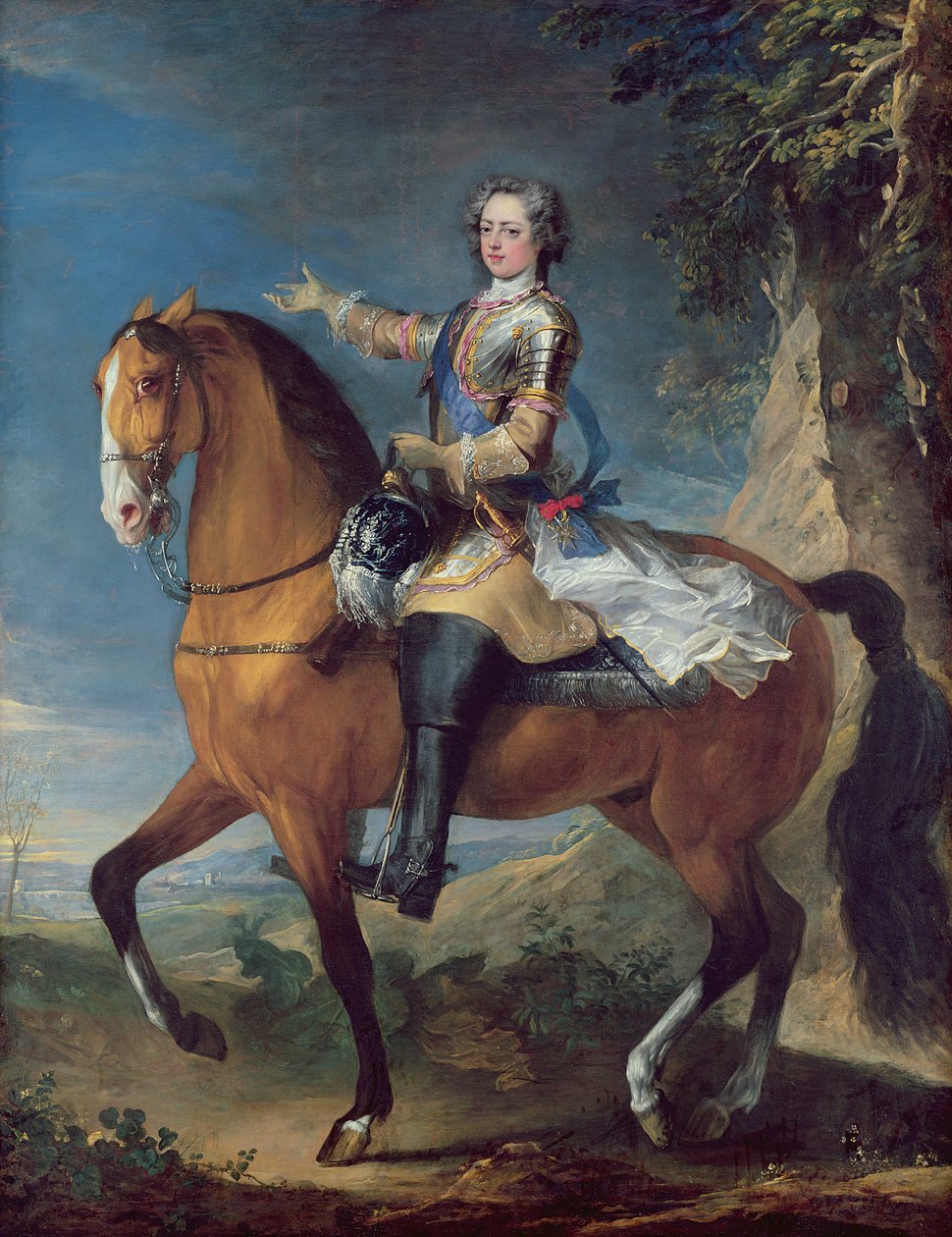 तेरह, 1723 की उम्र में लुई XV (1710-74) के अश्वारोही पोर्ट्रेट द्वारा सी। और वान लू, जेबी परोकेल