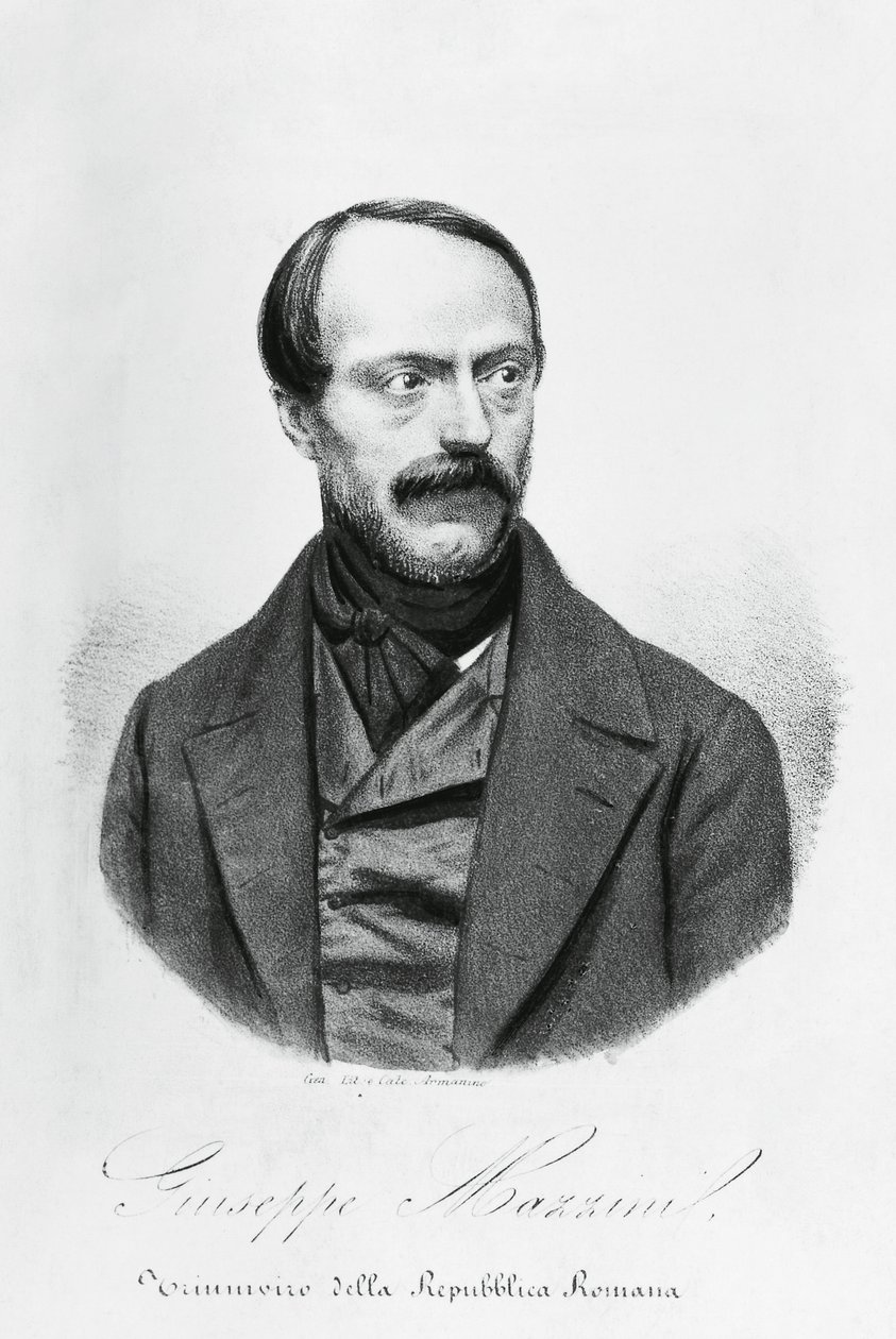 ग्यूसेप माज़िनी (1805-1872) का पोर्ट्रेट, इतालवी देशभक्त, राजनीतिज्ञ, दार्शनिक और पत्रकार, उत्कीर्णन द्वारा जेबी और ब्राउन जे। और रोबोथम