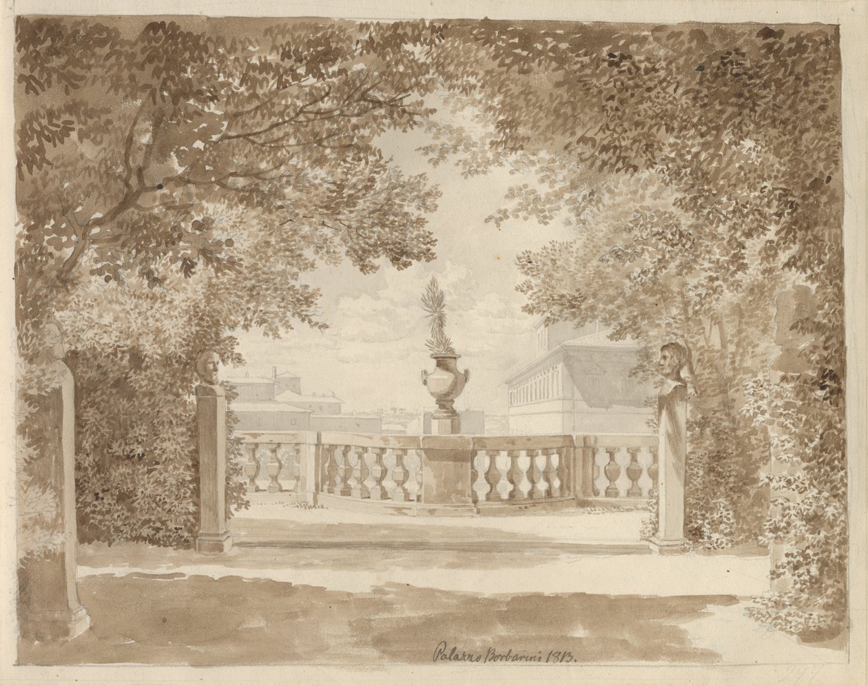 पलाज्जो बारबेरिनी के बगीचे से महल और क्विरिनले, रोम की ओर का दृश्य द्वारा क्रिस्टोफर विल्हेम एकर्सबर्ग