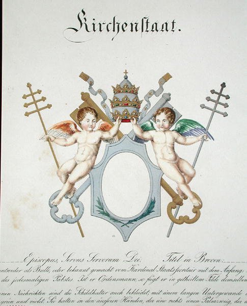 जर्मनी में प्रकाशित जल रंगों के संग्रह से वेटिकन के चर्च राज्य के हथियार, c.1830-33 (कलर लिथो) द्वारा सी। हिल्डेब्रांड्ट