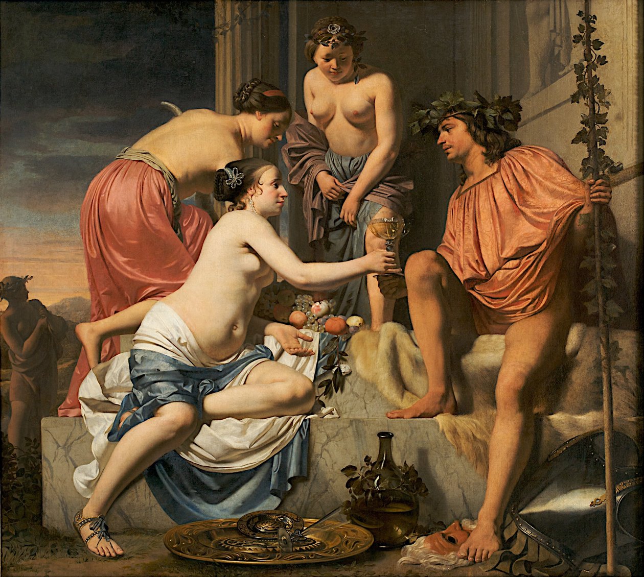 Bacchus on a Throne - Bacchus शराब और फल की पेशकश करने वाले अप्सरा द्वारा सीज़र बोएटियस वैन एवरडिंगन