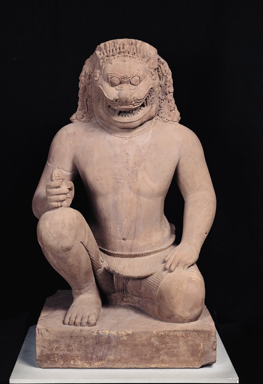 शेर के मुखिया अभिभावक, बंतेई सेरी शैली, c.967 (बलुआ पत्थर) द्वारा कंबोडियन स्कूल