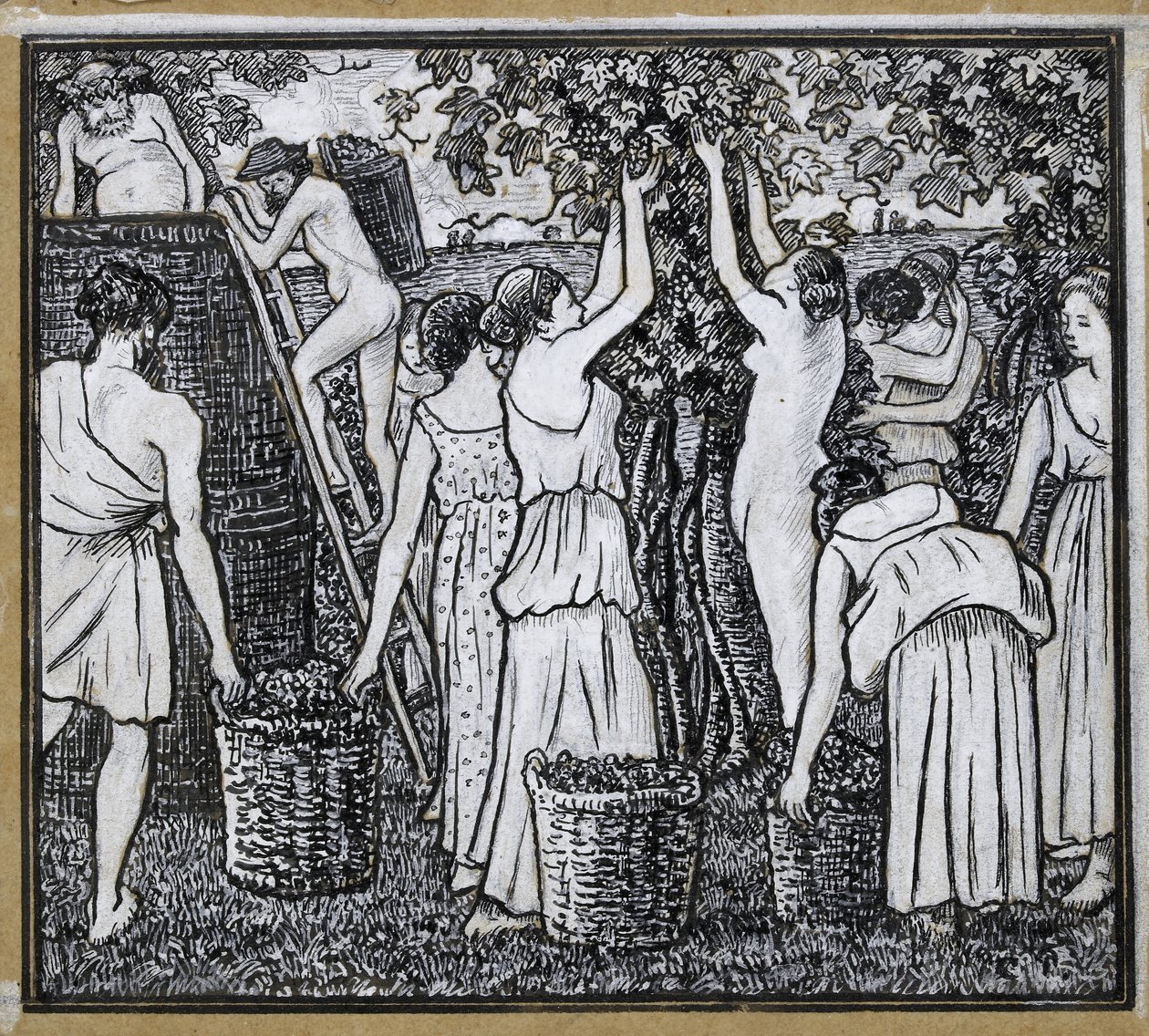 अंगूर की फसल, &39;दफनियां और क्लोए&39; के चित्रण के लिए संरचनात्मक अध्ययन, सी। 1895 (कार्ड पर चीनी सफेद के साथ पेंसिल और भारतीय स्याही पेंसिल पर, कार्ड पर नीचे रखी गई) द्वारा केमिली जैकब पिसारो