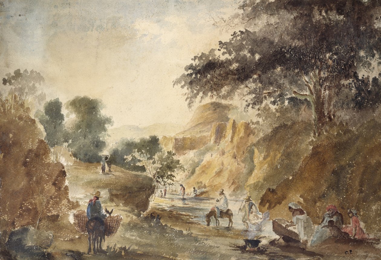 एक नदी के आंकड़ों के साथ लैंडस्केप, 1853 - 1854 (पेंसिल पर पानी के रंग) द्वारा केमिली जैकब पिसारो