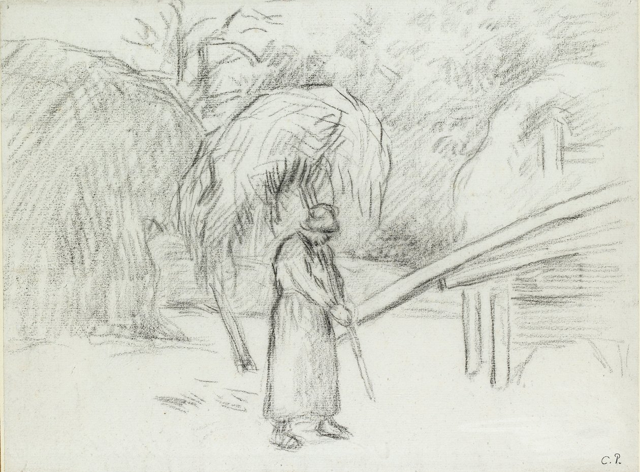 फौकॉल्ट के खेत में घास का भार ले जाने वाली एक महिला किसान का अध्ययन, c1875 द्वारा केमिली पिसारो