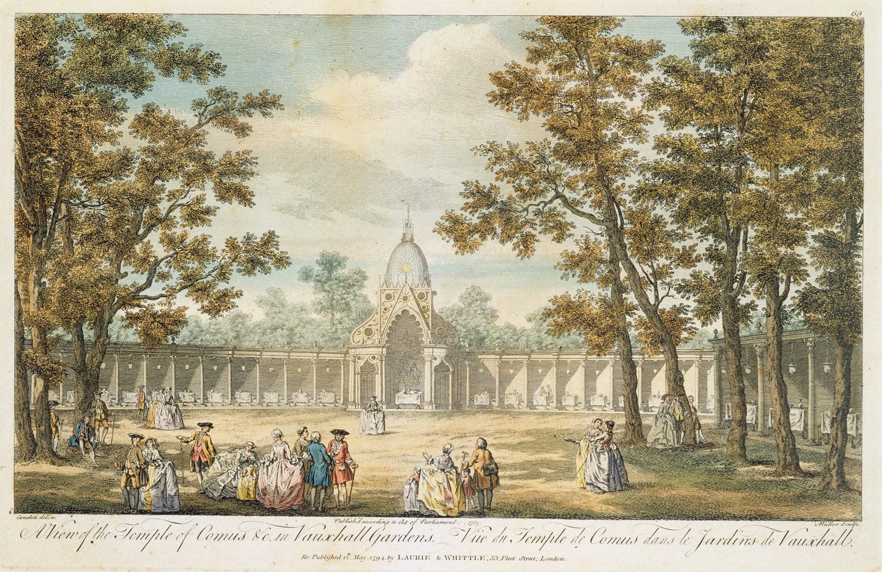 वुल्हल गार्डन में कोमस के मंदिर का एक दृश्य, मुलर द्वारा उत्कीर्ण, 1794 में फिर से प्रकाशित हुआ द्वारा Canaleti