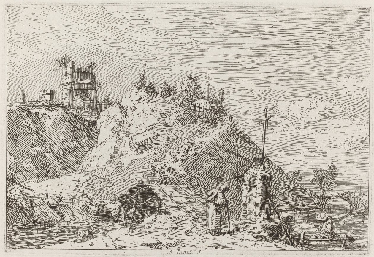 प्रार्थना में तीर्थयात्री के साथ लैंडस्केप [ऊपरी बाएँ], c. 17351746. द्वारा कानालेत्तो