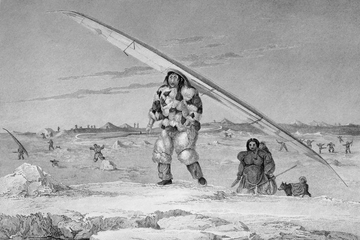 अटलांटिक से पैसिफिक पी के लिए उत्तर पश्चिम मार्ग के डिस्कवरी के लिए एक दूसरे यात्रा के जर्नल &39;से, पानी के नीचे अपने डोंगी ले जाने, इग्लोलिक का एक एस्किमौक्स, एक पक्षी-स्किन जैकेट पहने हुए। द्वारा कप्तान जॉर्ज फ्रांसिस लियोन