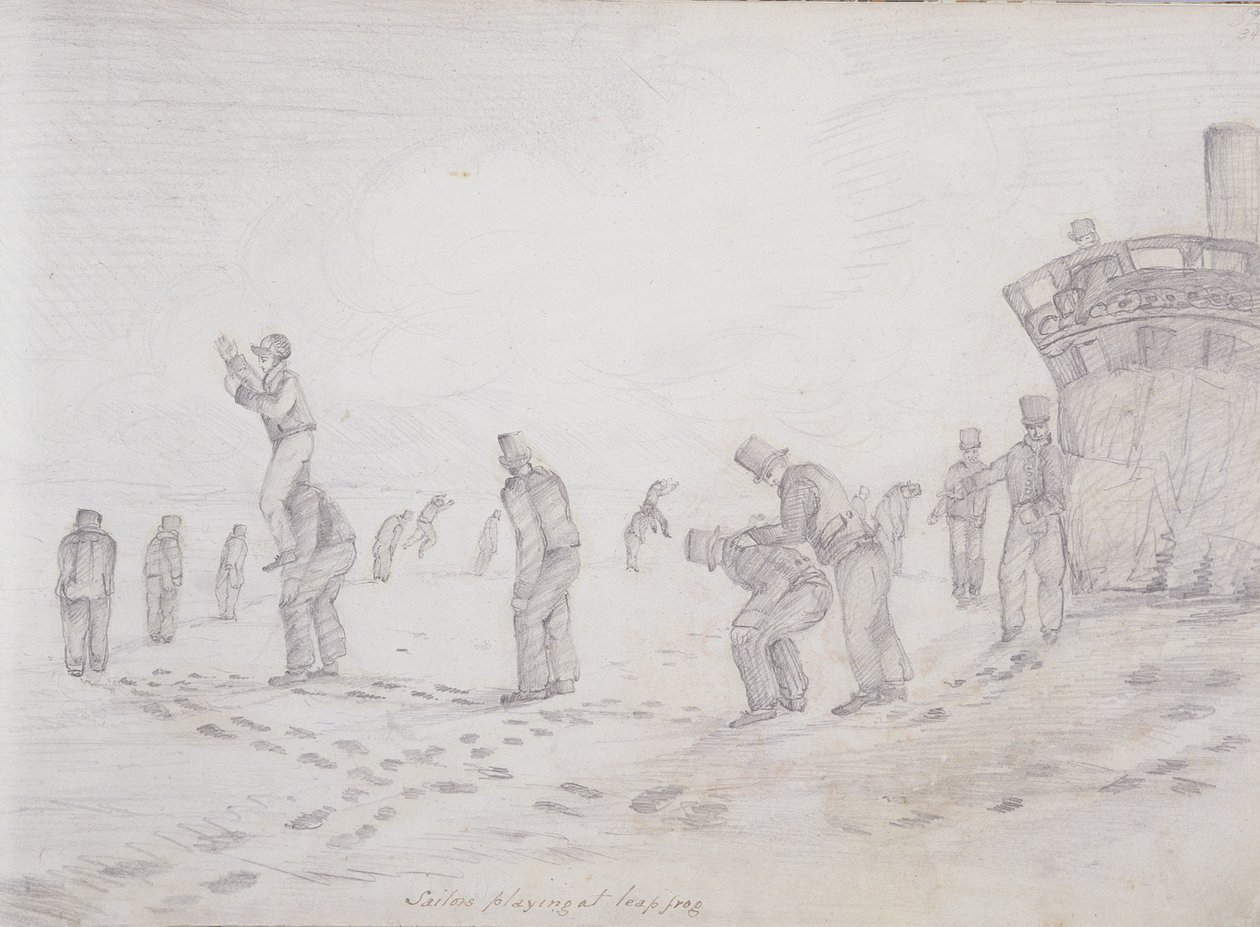 1821-2 (पेपर पर ग्रेफाइट) &39;स्केचेस ऑफ द सेकंड पैरी आर्कटिक अभियान&39; से लीप मेंढक की भूमिका निभा रहे नाविक द्वारा कप्तान जॉर्ज फ्रांसिस लियोन