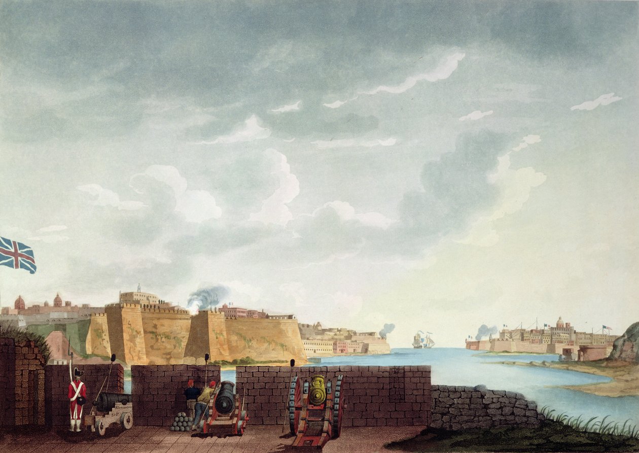 1800 की घेराबंदी के दौरान ला वेलेटा का दृश्य, 1803 में फ्रांसिस चेशम द्वारा उकेरा गया द्वारा कप्तान जेम्स वियर