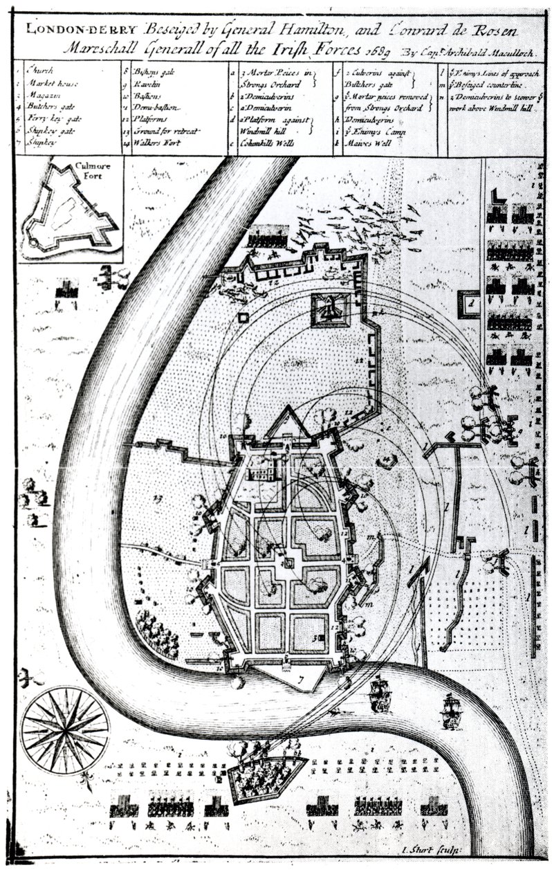 जेन्डर्ट, 1689 द्वारा उत्कीर्ण जनरल हैमिल्टन और कॉनराड डी रोसेन द्वारा लेज़रडेरी बाइसिगेड द्वारा कप्तान आर्चीबाल्ड मैकुलोच