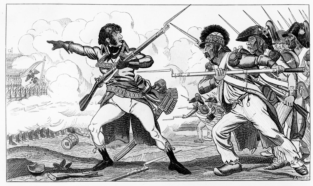 20 सितंबर, 1792 को वाल्मी की लड़ाई में सबोट्स में स्वयंसेवक, एस। क्राको द्वारा उत्कीर्ण लुई ब्लैंक द्वारा &39;हिस्टोइरेस डे ला रिवॉल्यूशन फ्रैंकोइस&39; का चित्रण। द्वारा कारन डी अचे
