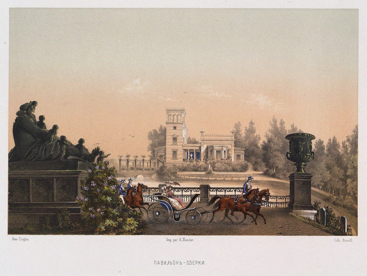 पीटरहॉफ पार्क, 1853 में गुलाबी मंडप ओज़ेरकी मंडप। द्वारा Schaffhausen . के कार्ल फ्रेडरिक ज़िग्लर